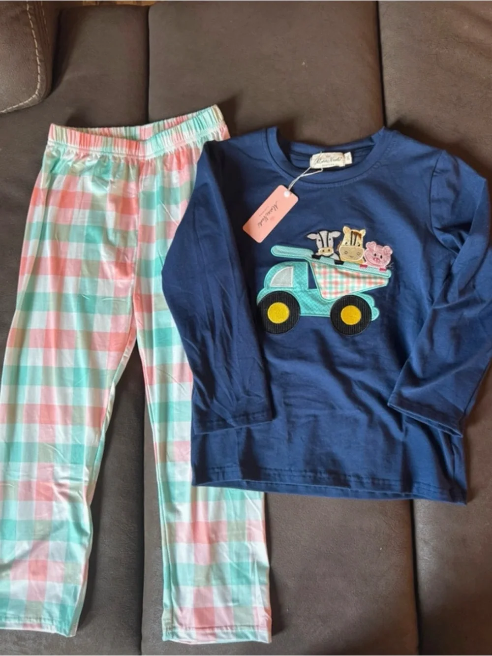 NEW Marie Nicole Navy Blue Truck Appliqué Set with Pink & Mint Plaid Pants 6T